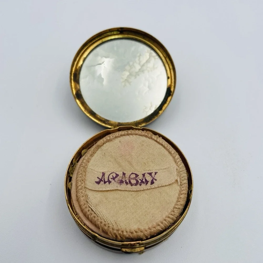 Vintage Compact Double Compartment Powder Blush Puff Unmarked 1932 Gold Green